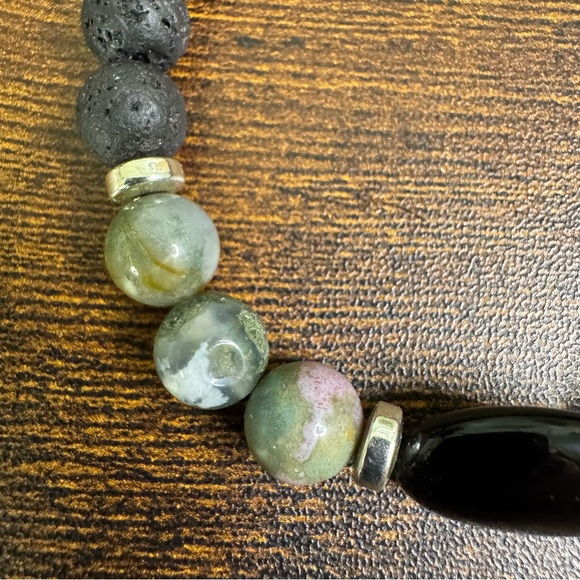 Lava Rock and Green Agate Beaded Stretch Bracelet with Black Stone Boho Chic - Picture 3 of 9